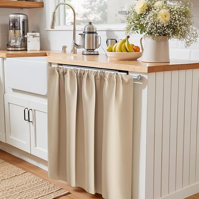PONY DANCE Kitchen Window Curtains for Bathroom - Solid Light Block Privacy Drapes for Kitchen Cabinet Bedroom Cafe Window Decor, W 29 x L 24, Biscotti Beige,2 PCS