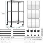 3 Tier Shelf Metal Storage Shelves Wire Rack Closet Organizers with Wheel for Garage Kitchen Bathroom Laundry Black 11.8" D x 17.7" W x 29.8" H