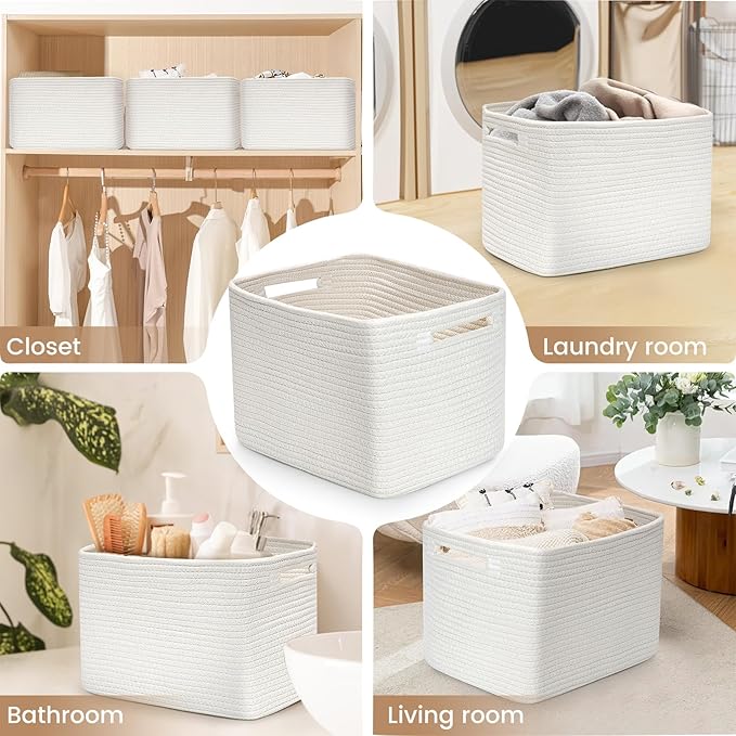 3 Pack Shelf Woven Storage Basket, 15 x 10 x 9” Closet Rope Baskets For Organizing, Square Bins with Handles, White