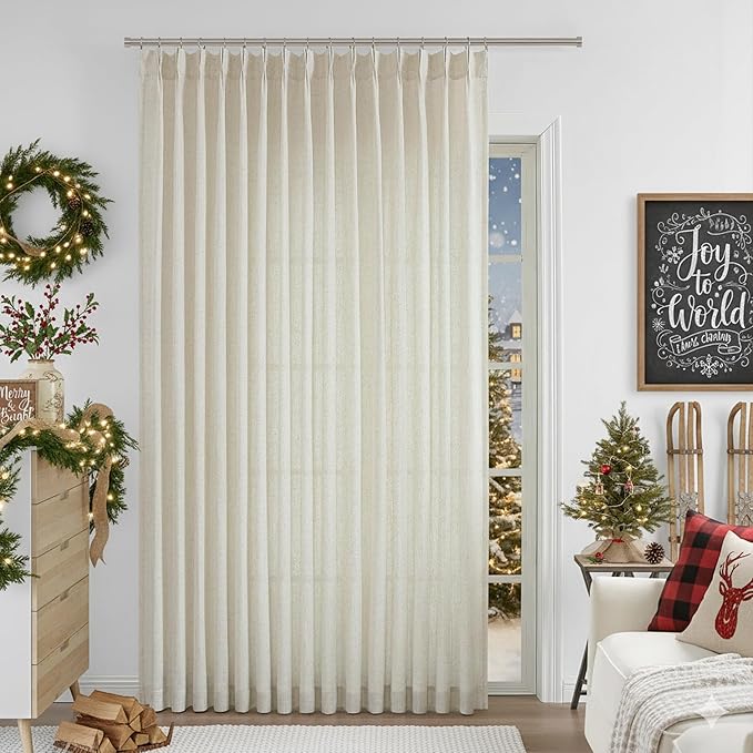 Vision Home Natural Pinch Pleated Semi Sheer Curtains Textured Linen Blended Light Filtering Window Curtains 102 inch for Living Room Bedroom Patio Pinch Pleat Drapes with Hooks 1 Panel 84" Wx102 L