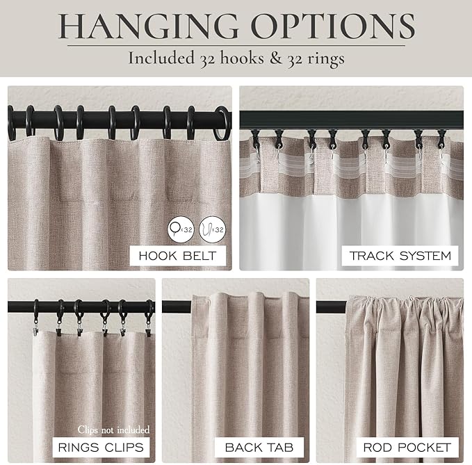Black Out Linen Boho Curtains 72 Inch Long, Living/Bedroom Curtains 72 Inches Length 2 Panels Set Drapes for Window Energy Saving Noise Reducing Nursery (50" W x 72" L) Back Tab,Hook Belt