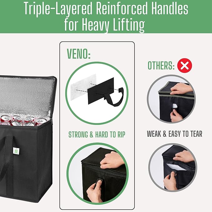VENO 3 Pack Insulated Reusable Grocery Shopping Bag, Food Delivery, Cooler Bag, Heavy Duty, Large Size, Durable Handles, Dual Tab Zips, Lid, Stands Upright, Collapsible, Sustainable (Black, 3 Pack)