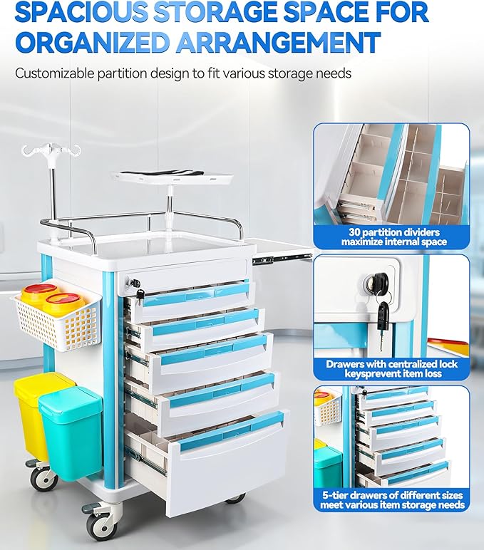 Medical Medical Rolling Crash Cart with CPR Board, IV Pole, O₂ Holder, 5 Drawers & Dividers, Mobile Emergency Cart for Hospital Clinic, 24.4" W x 18.5" D x 36.2" H (with 5 Drawers)