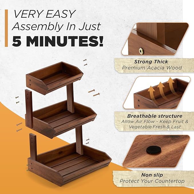HOLANA Acacia 3 Tier Fruit Basket for Counter – Wooden Fruit Bowl for Kitchen Counter Organizer & Produce Storage Wooden Basket, Snack Organizer for Countertop, Kitchen Counter Storage (Acacia)