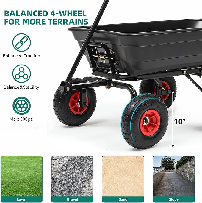 Garden Carts-600lbs Wagon Wheelbarrows with 4 Anti-Slip Tires & Quick-Release Dumping,Heavy Duty Utility Garden Dump Cart for Yard,Landscape and Christmas Hauling