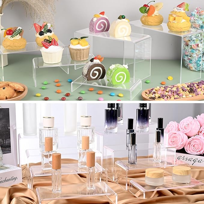 10 Pcs Acrylic Display Riser, 2 Sets 5 Sizes Large Acrylic Risers Display Stands, 0.15" Thick Clear Shelf Riser for Display Dessert Candy Figure Toys Perfume Jewelry Showcase