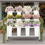 Flower Display Stand with 12 Buckets & Wheels – 3-Tier Mobile Flower Cart, White Metal Flower Bar for Weddings, Florist Shops, Patio, Garden & Home