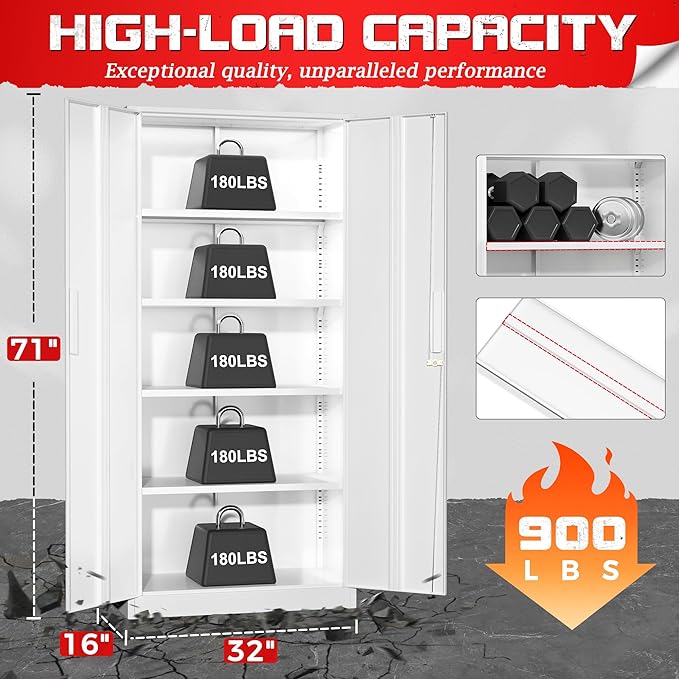 Superday Metal Garage Storage Cabinet with Lock, 71" H Lockable Storage Cabinets with Doors and 4 Adjustable Shelves, Locking Cabinet for Office, Home, Garage, Gym, School (White)
