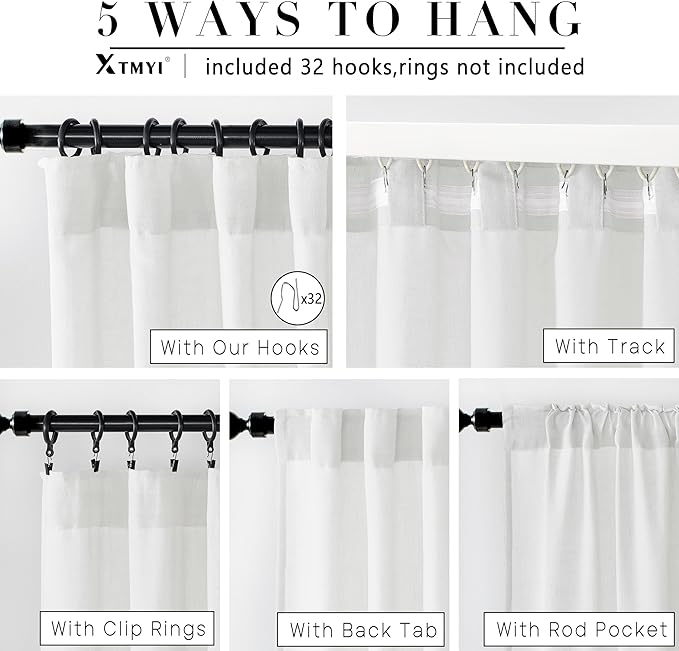 XTMYI 70 Inch Wide White Back Tab/Hook Belt Linen Cotton Sheer Curtains for Bedroom,2 Panels,96 Inch Length