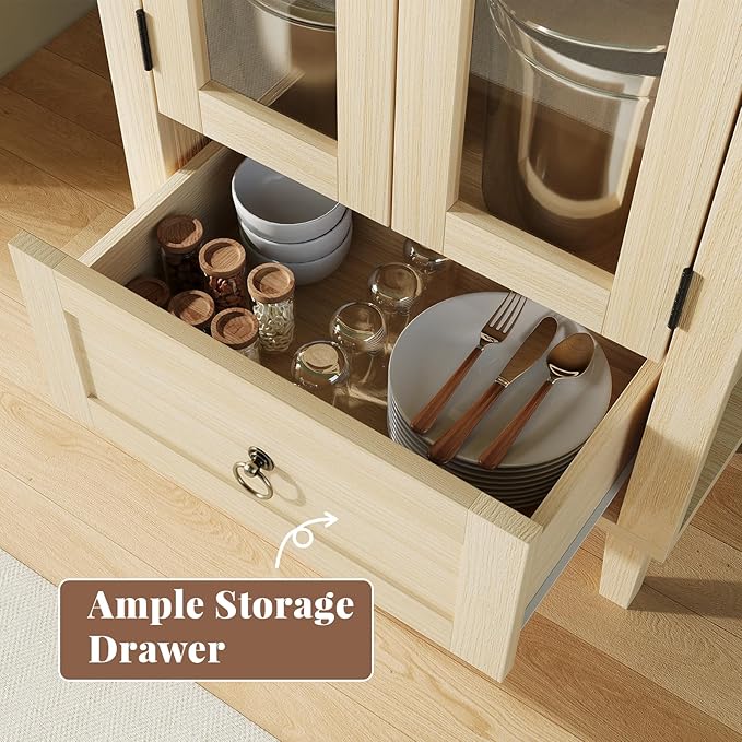 71” Tall Arched Pantry Cabinet with Glass Door, Display Cabinet Organizer with Drawer, Versatile Pantry with Top-Opening Storage Container for Living, Kitchen Dining Room, Natural