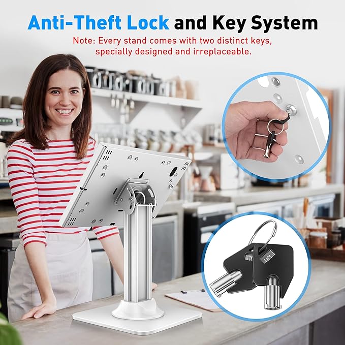 AboveTEK Anti-Theft iPad Kiosk Stand – POS iPad Security Stand & Locking Tablet Holder – Heavy Duty Base, 360° Swivel, 75° Tilt Bracket – Perfect for Retail Business (White)