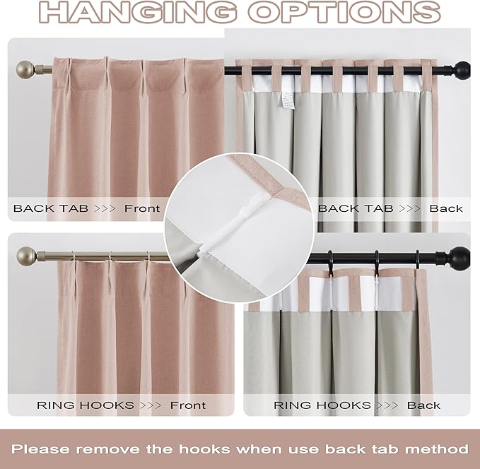 DUALIFE Pinch Pleated Back Tab Pink Blackout Curtains for Girls Bedroom Decor Baby Pink - Room Darkening Thermal Insulated Drapes with Hooks 40 x 63 Inches Long Set of 2 Panels