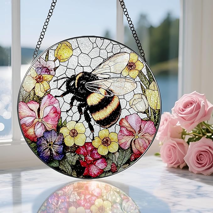 Stained Glass Window Hanging, 8 Inch Bee Stained Glass Ornament, Suncatchers for Windows Hanging, Window Decor, Gift for Garden Lover, Teacher Gift, Holiday, Birthday Gifts for Women Mom and Grandma