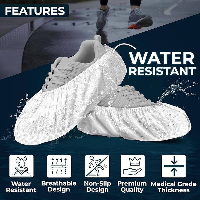 Premium Boot & Shoe Covers Disposable Booties - 100 Pack - Durable, Non-Slip, Non-Toxic, Water Resistant, Recyclable Protectors for Indoor & Outdoor - Large Size Fits Most Shoes
