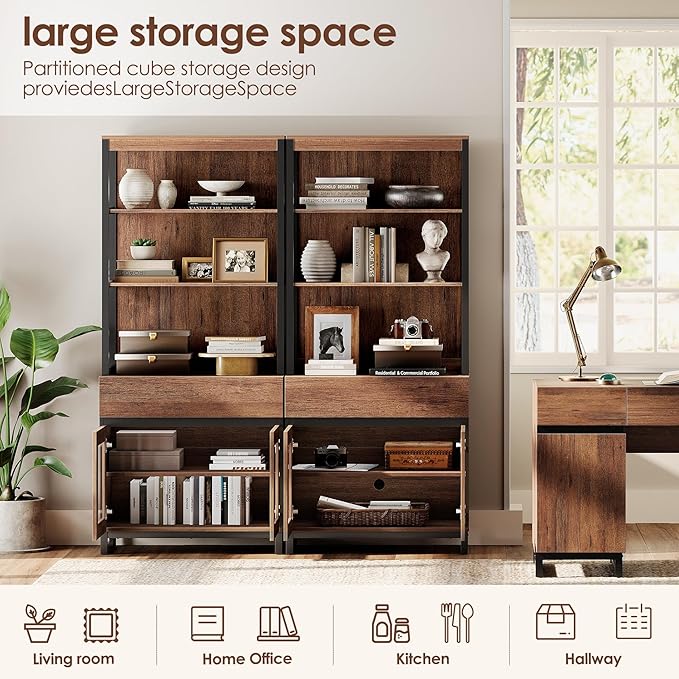 WAMPAT 4 PCS Modern 72" Tall Bookcase with 4 Drawers and Open Book Shelfs, Library Book Shelf with Storage Cabinet and Glass Doors, Wood Freestanding Bookshelves for Home Office, Living Room, Brown
