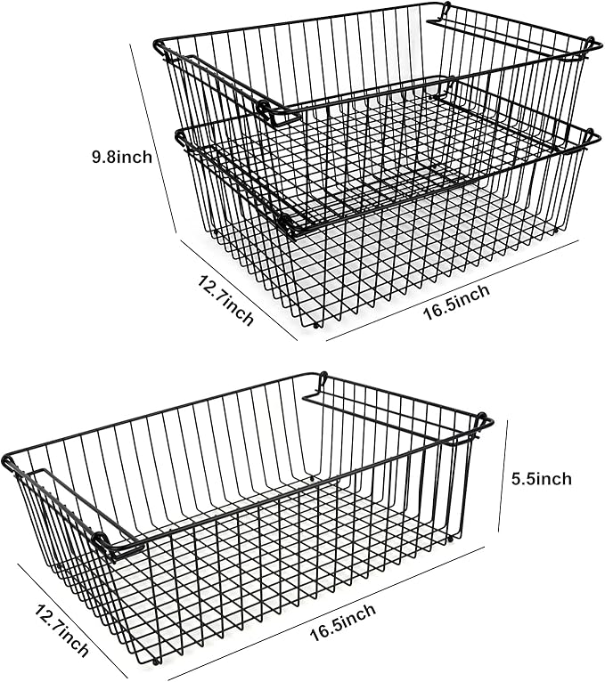 Set of 2 Stackable XXL Wire Baskets For Pantry Storage and Organization -16x12in Large Metal Food Baskets -Vegetable,Fruit,Potato,Onio, Pantry Storage Bins With Handles (Black, XXL)
