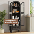 71” Tall Arched Pantry Cabinet with Glass Door, Display Cabinet Organizer with Drawer, Versatile Pantry with Top-Opening Storage Container for Living, Kitchen Dining Room