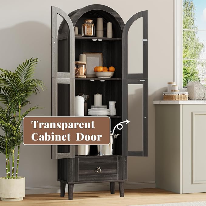 71” Tall Arched Pantry Cabinet with Glass Door, Display Cabinet Organizer with Drawer, Versatile Pantry with Top-Opening Storage Container for Living, Kitchen Dining Room