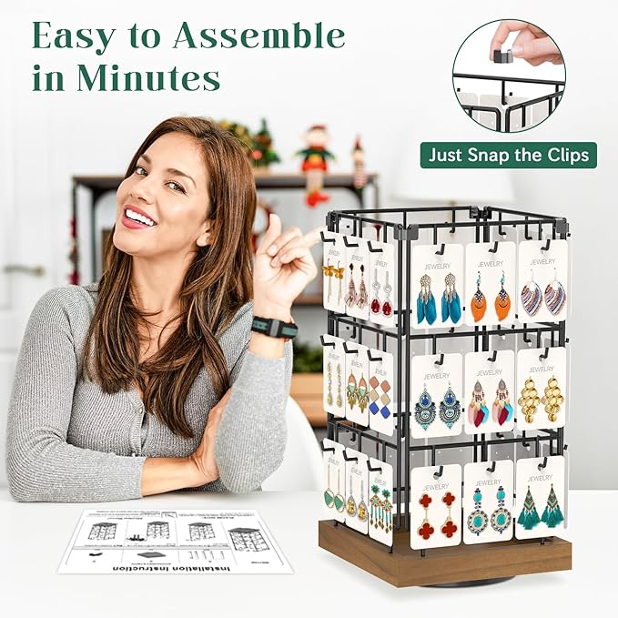 EsLuker.ly Rotating Earring Display Holder Stand for Vendors Events Selling, Large Capacity 36 Hooks Jewelry Rack with Wooden Base for Earring Card Sales, Enhances Retail Visibility(Brown)