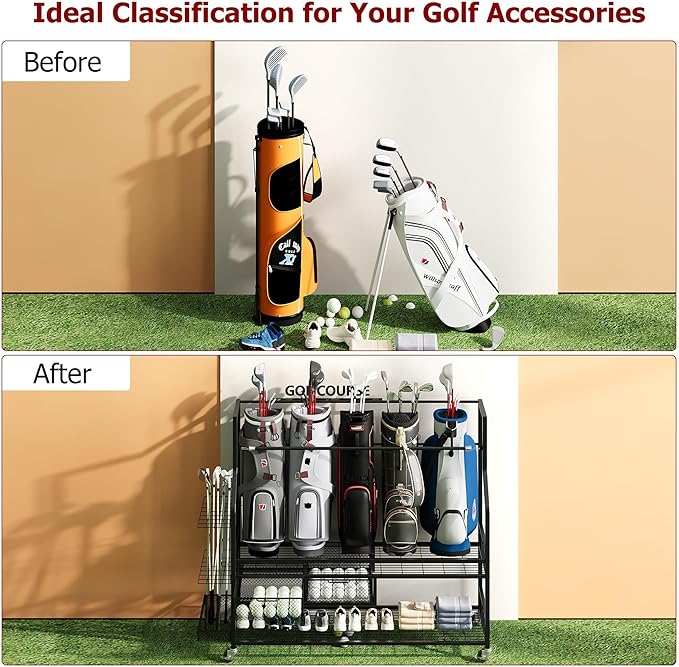 PeakPursuit Golf Bag Organizer and Storage Rack Stand Holder Fits Golf Club Bags and Multiple Golfing Equipment Accessories, Storage Rack with Drawers and Wheels for Indoor/Outdoor Garage, Clubs