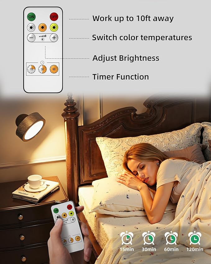 EZVALO LED Wall Mounted Lights, 5500mAh Rechargeable Wall Sconces Lamp, 3 Color Temps & Remote and Touch Control, 360°Rotation Dimmable Cordless Wall Light for Bedroom Reading Study (3 Pack Walnut)