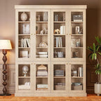 70.8" Bookshelf with Glass Doors, Farmhouse Modular Bookcase with 6-Tier Adjustable Shelves, Large Storage Cabinet for Living Room & Home Office, Set of 4, Brown