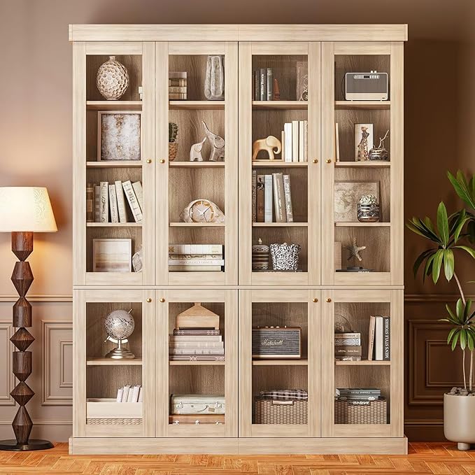 Vyre 70.8" Tall Brown Bookshelf with Glass Doors, Farmhouse Modular Bookcase with 6-Tier Adjustable Shelves, Large Storage Cabinet for Home Office, Living Room, Set of 4