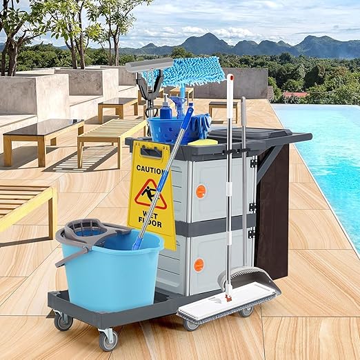 GarveeHome Commercial Janitorial Cart with 2 Cabinet, Traditional 3-Shelf Cleaning Cart On Wheels with Cover and Vinyl Bag, for Housekeeping Hotels Apartment