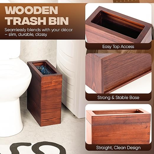 2.3 Gallons Rectangular Wooden Trash Can | Trash Can with Bin Liners | Decorative Waste Basket | Recycling Bin for Bathroom | Natural Wood Finish Basket for Kitchen | Paper Basket for Office