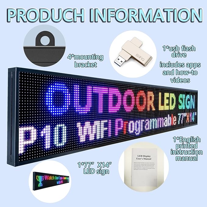 P10 Outdoor Led Sign 77"x14" WiFi Programmable with High Brightness Scrolling LED Sign for Business Digital Advertising Display Electronic Message Board