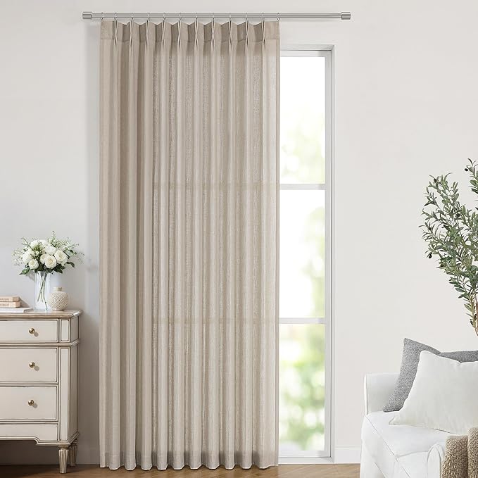 Vision Home Sand Pinch Pleated Semi Sheer Curtains Textured Linen Blended Light Filtering Window Curtains 102 inch for Living Room Bedroom Patio Pinch Pleat Drapes with Hooks 1 Panel 60" Wx102 L