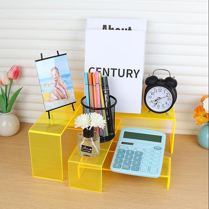 ELEGANTLIFE Acrylic Display Riser,4.3mm Heavy Duty Crystal Display Stand Shelf Layered Aesthetic, Jewelry Display Shelf Risers for Décor,4 Pack Set Multi-color (Yellow)