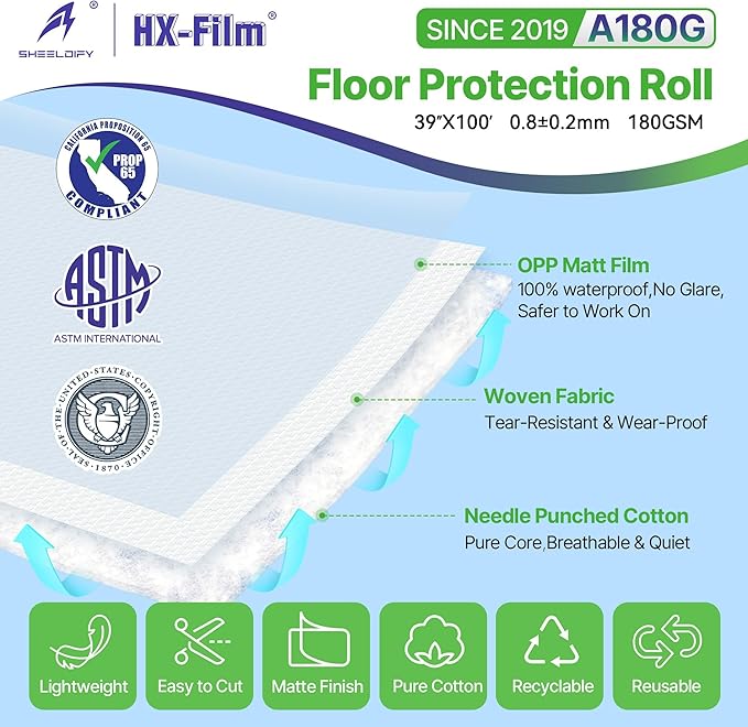 39" x 100' Heavy-Duty Floor Protection | Construction Grade Carpet Protector | Drop Cloth Plastic Film for Hardwood Floors | Waterproof Painters Covering with No Residue (Green)