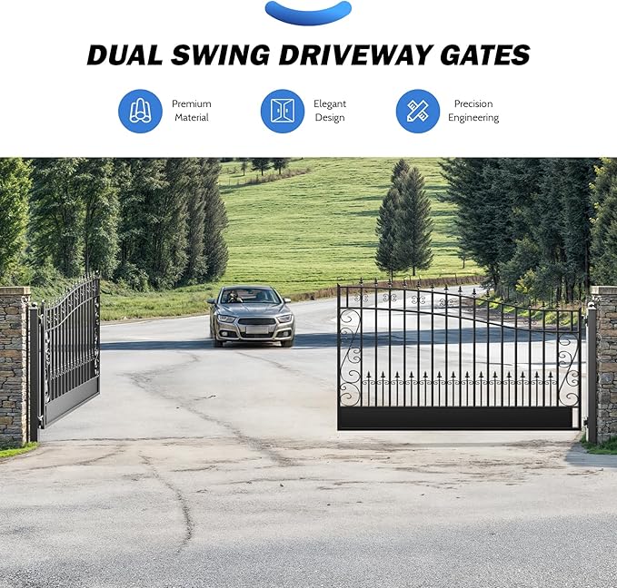 ZUMI Dual Swing Driveway Gates, 18x6 ft. Outdoor Steel Swing Gates for Driveway, Heavy-Duty Driveway Fence Gates for Home Security, Weatherproof Iron Security Gate Kit for Outdoor, Greerwich Style