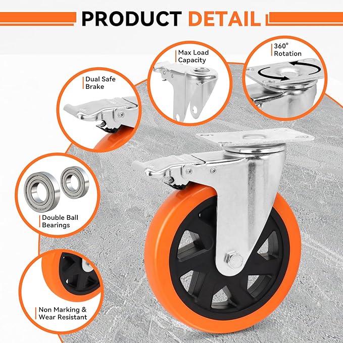 W B D WEIBIDA 6 inch Caster Wheels with Dual Locking, Casters Set of 4 Heavy Duty of 2400lbs, Premium Polyurethane No Noise Wheels for Cart, Workbench and Furniture