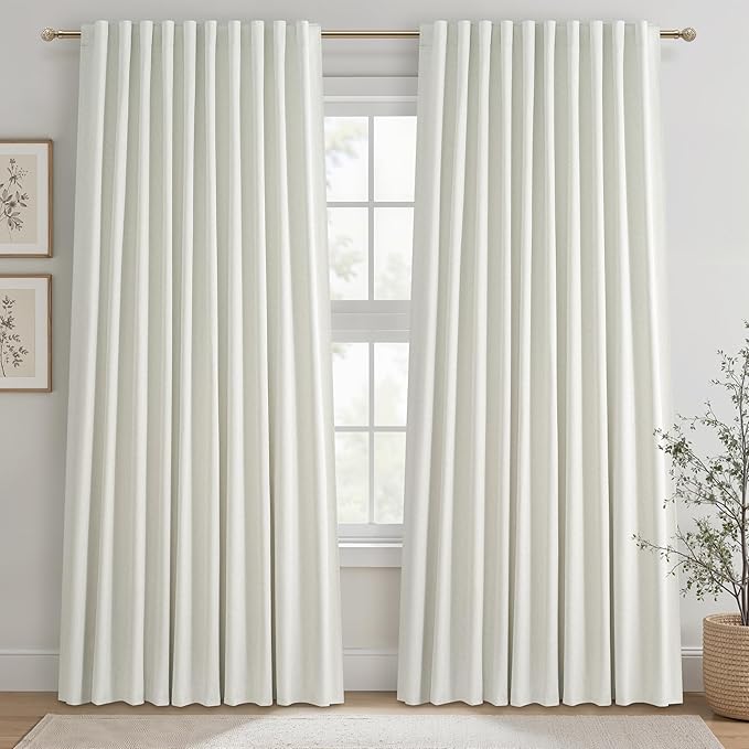Cute Blackout Curtains 70 Inches Extra Wide Linen 84 Inch Length for Living Room/Sliding Glass Door,Pleated Heavy Duty Thermal Drapes for Winter Thick Large Window(70"Wx84"L 2 Panels Beige White)