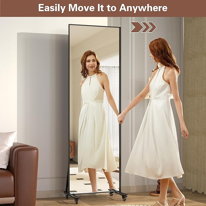 ANYHI Full Length Mirror with Wheels, 360° Swivel Full Body Rolling Mirror, 23.6"*74.5" Sturdy Standing Floor Mirror for Home Gym, Bedroom, Yoga & Dance Studio