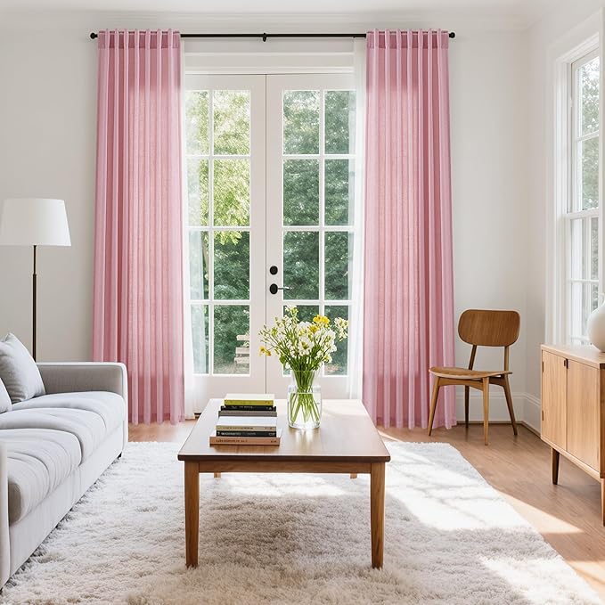 Linen Look Rose Curtains 84 Inch Long 2 Panel Set with Back Tab Rod Pocket Light Filtering Privacy Semi Sheer Textured for Neutral Farmhouse Style Bedroom and Living Room 52x84