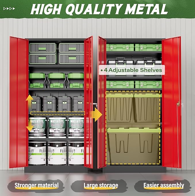 Greenvelly Metal Storage Cabinet, 72" Steel Garage Cabinet with Doors and Adjustable Shelves, Tall Metal Office Storage cabinets for Garage,Home Office,School (Black Red)