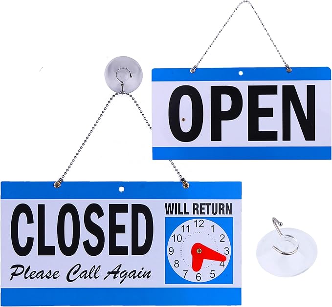 Business Hour Open Closed Sign with Suction Cups - Be Back Sign with Clock
