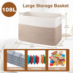 XXXL Supre Large Blanket Basket for Clothes, Towels, Pillows, 108L Cotton Rope Storage Basket for Living Room, Woven Toy Storage for Kids, 25" x 16" x 16", Brown and White