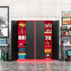 Metal Storage Cabinet-72” Tall Steel File Cabinets with Lockable Doors and Adjustable Shelves-Black&Red Steel Storage Cabinet for Home, School, Office, Garage
