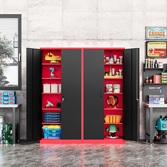 Metal Storage Cabinet-72” Tall Steel File Cabinets with Lockable Doors and Adjustable Shelves-Black&Red Steel Storage Cabinet for Home, School, Office, Garage