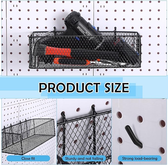 Hicarer 8 Pack Pegboard Baskets and Peg Board Racks Set, Pegboard Hooks, Square Style Wire Shelf Baskets, for Organize Tools, Workbench, Accessories, Garage Storage, Wall Organizer Attachments (Black)