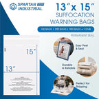 Spartan Industrial - 13" X 15" (500 Count) Self Seal Clear Poly Bags with Suffocation Warning for Packaging, Clothes - Permanent Adhesive