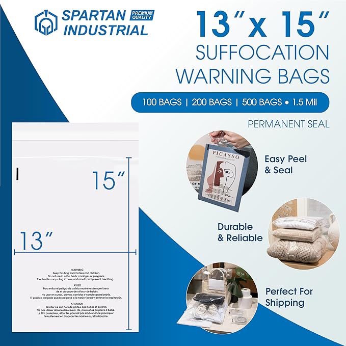 Spartan Industrial - 13" X 15" (500 Count) Self Seal Clear Poly Bags with Suffocation Warning for Packaging, Clothes - Permanent Adhesive