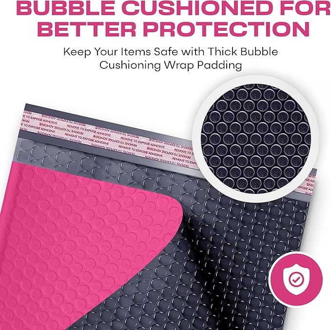 Hot Pink10.5x16 Inch Large Poly Bubble Mailers #5 | Padded Envelopes with Self Seal | Air Lined Cushioned Bubble Mailer | Usable Size 10.5x15 | 200 Pack Bulk | Lightweight shipping Bags