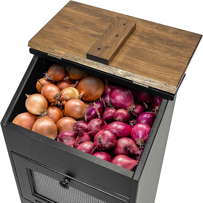 Peaceful Classics Potato Storage Wood Box, Wooden Bread Bins, Decorative and Onion Bin, Bin w/Grocery Section, Vegetable w/Lid for Kitchen Pantry, Black, KS302B