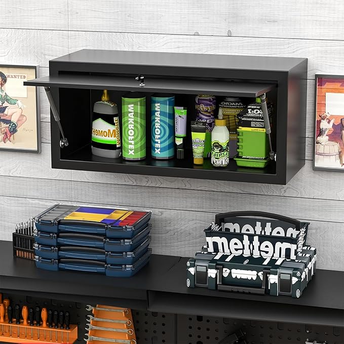 Metal Garage Wall Cabinet with Lock, Wall Mounted Metal Storage Cabinets with Flip-Up Doors, Lockable Floating Tool Storage for Garage Basement Utility Room