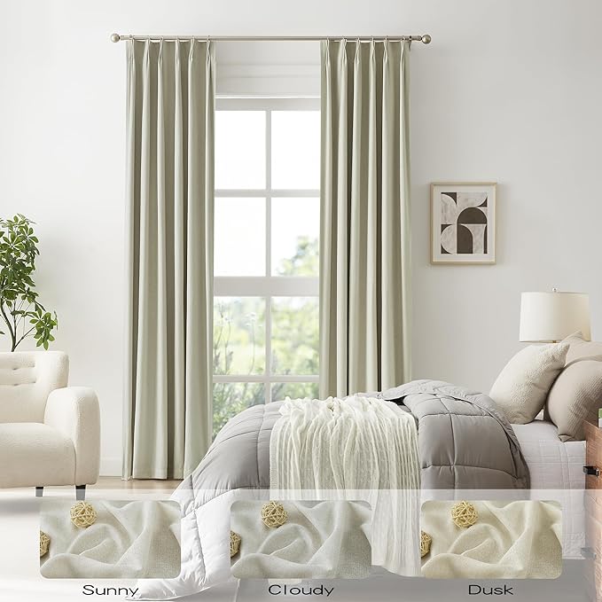 Blackout Pinch Pleated Curtains for Bedroom 84 Inch Length, Linen Blended Farmhouse 100% Blackout Thermal Insulated Back Tab Drapes with Hooks for Track System 2 Panels-Natural Linen/Greige, W40xL84
